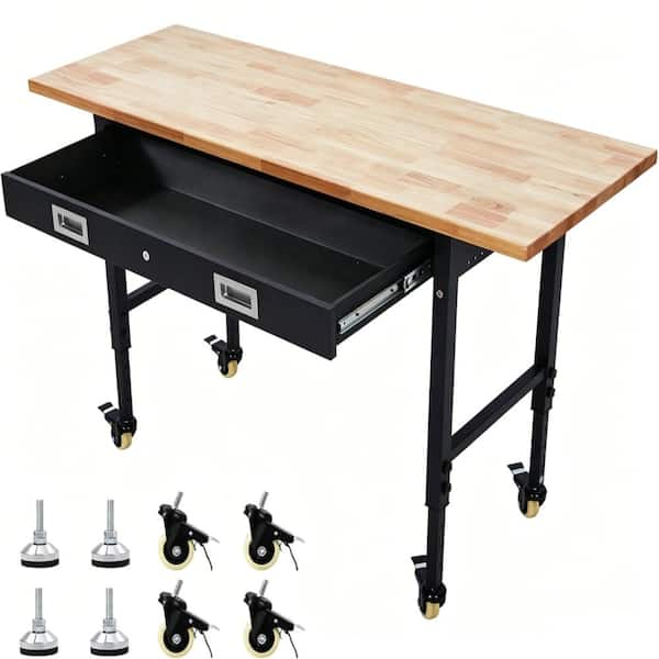60" x 22" Adjustable Workbench with Drawer, Heavy-Duty Worktable with Power Outlet & Lockable Wheels, 2000 Lbs Capacity