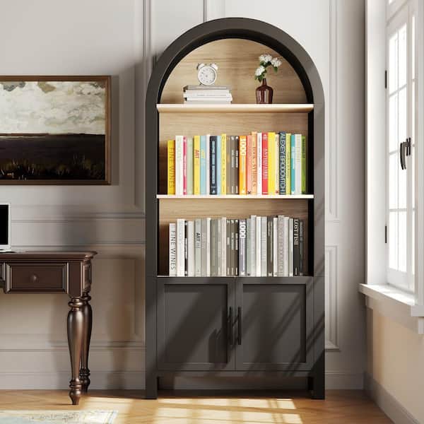anpport Mid-Century Modern 66.7 in. Tall Black Wood 3-Shelf Arched Accent Bookcase with 2 Doors