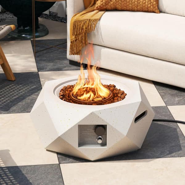 28 in. Hexagon Terrazzo Propane Fire Pit Table with Protective PVC Cover and Lava Rocks, 40,000 BTU Gas Fire Pit