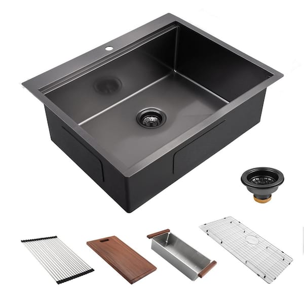 Whatseaso Black Stainless Steel 27 in. Single Bowl Drop-In Kitchen Sink with bottom rinse grid