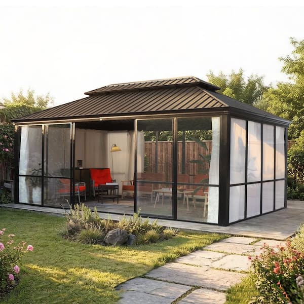 12 ft. x 20 ft. Sunroom Hardtop Gazebo Solarium with Galvanized Steel Double Roof and Sliding Lockable Doors