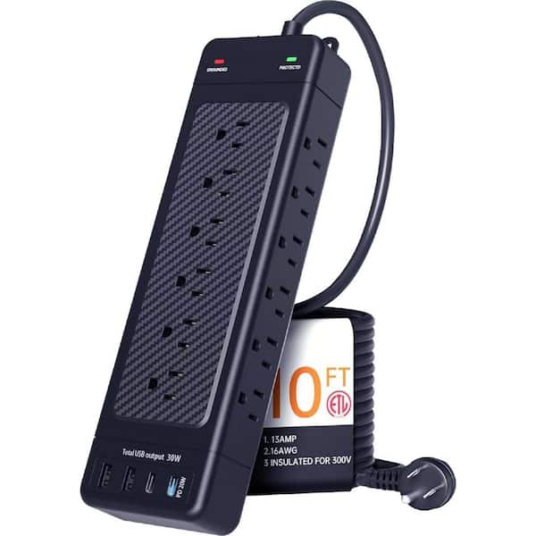 18-Outlet Power Strip Surge Protector with USB Ports (2A+2C PD20W Total 37W) and 10 ft. Cord Heavy Duty in Black
