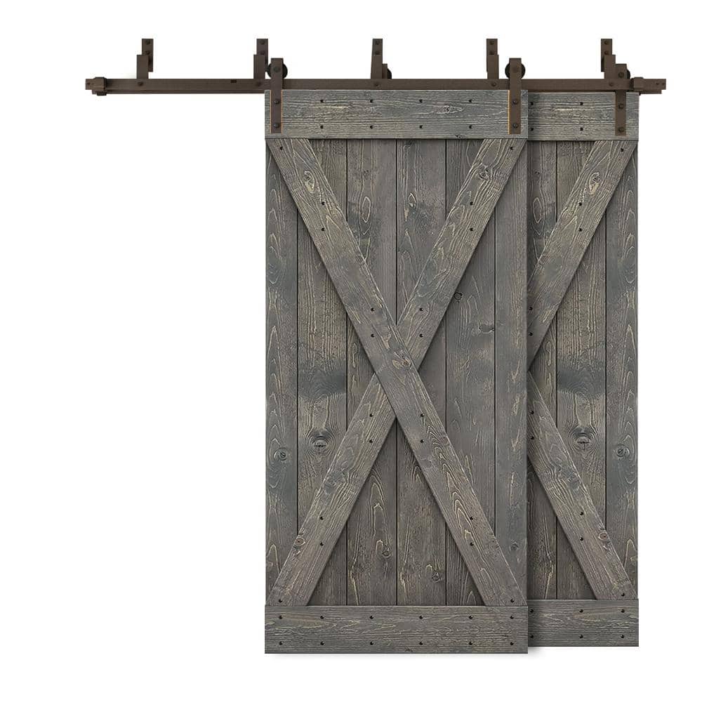 48 in. x 84 in. X Bypass Weather Gray Stained DIY Solid Wood Interior Double Sliding Barn Door with Hardware Kit price history on PriceWatchPro