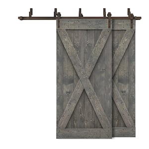 80 in. x 84 in. X Bypass Weather Gray Stained DIY Solid Wood Interior Double Sliding Barn Door with Hardware Kit