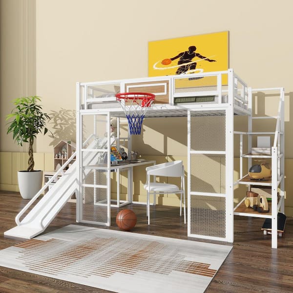 Harper & Bright Designs White Full Size Metal Loft Bed with Built-in Desktop, Open Wardrobe, Basketball hoop, Slide, Storage Staircase
