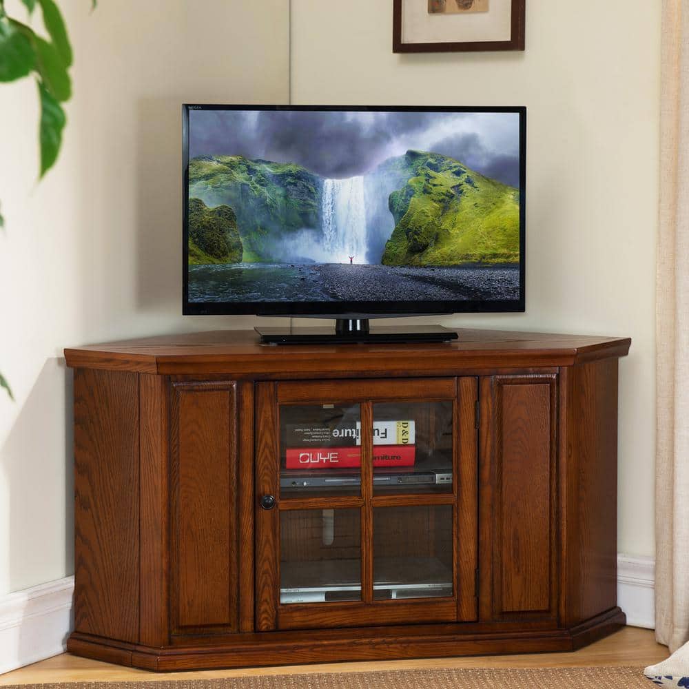 Burnished Oak 47-Inch Corner TV Stand with Glass Cabinet