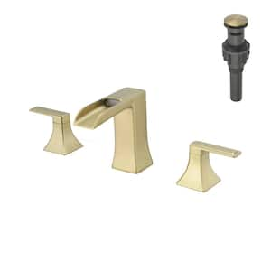 Modern Double Handle 3-Hole 8 in. Widespread Waterfall Bathroom Faucet with Pop Up Drain in Brushed Gold