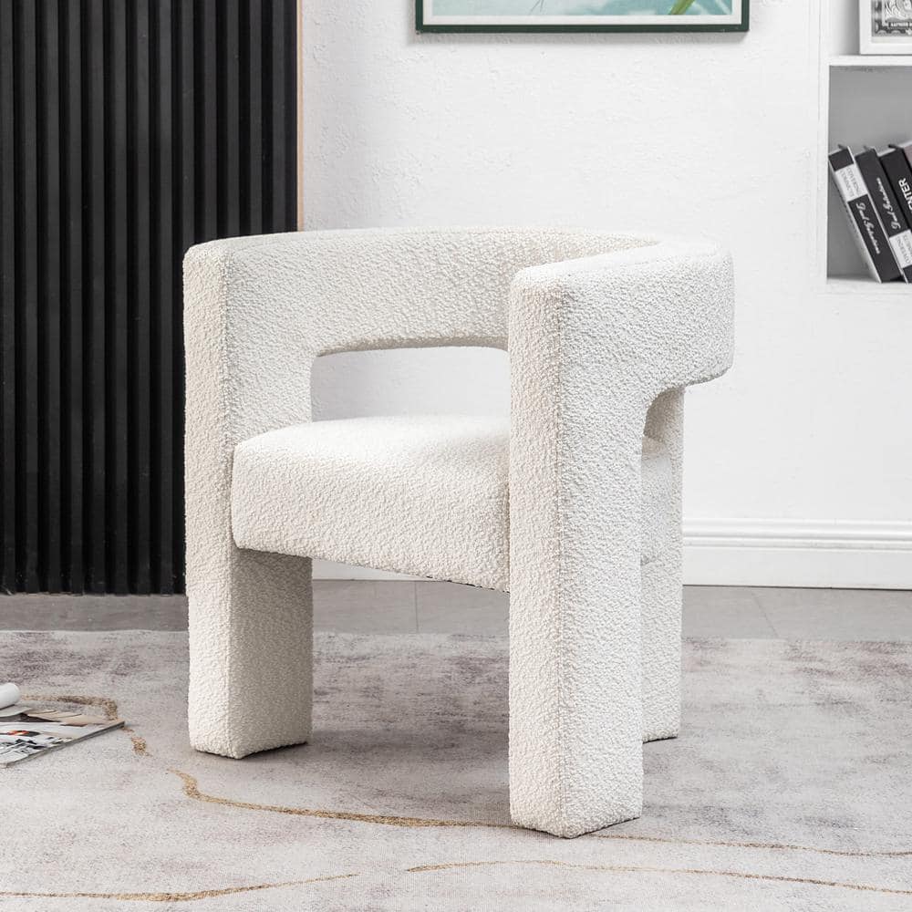 Cream Boucle Upholstered Barrel Accent Chair with Wood Frame