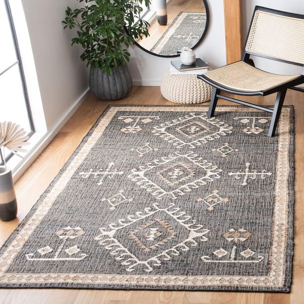 Kilim Black/Ivory 4 ft. x 6 ft. Native American Border Area Rug
