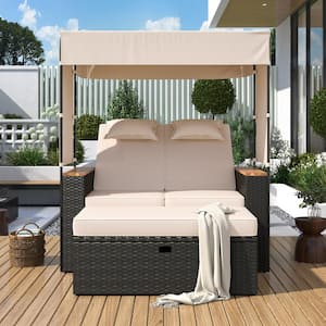 2-Piece Brown Wicker Outdoor Bench Chaise Lounge Roof Set with Adjustable Backrest and Beige Cushions for Backyard,Patio