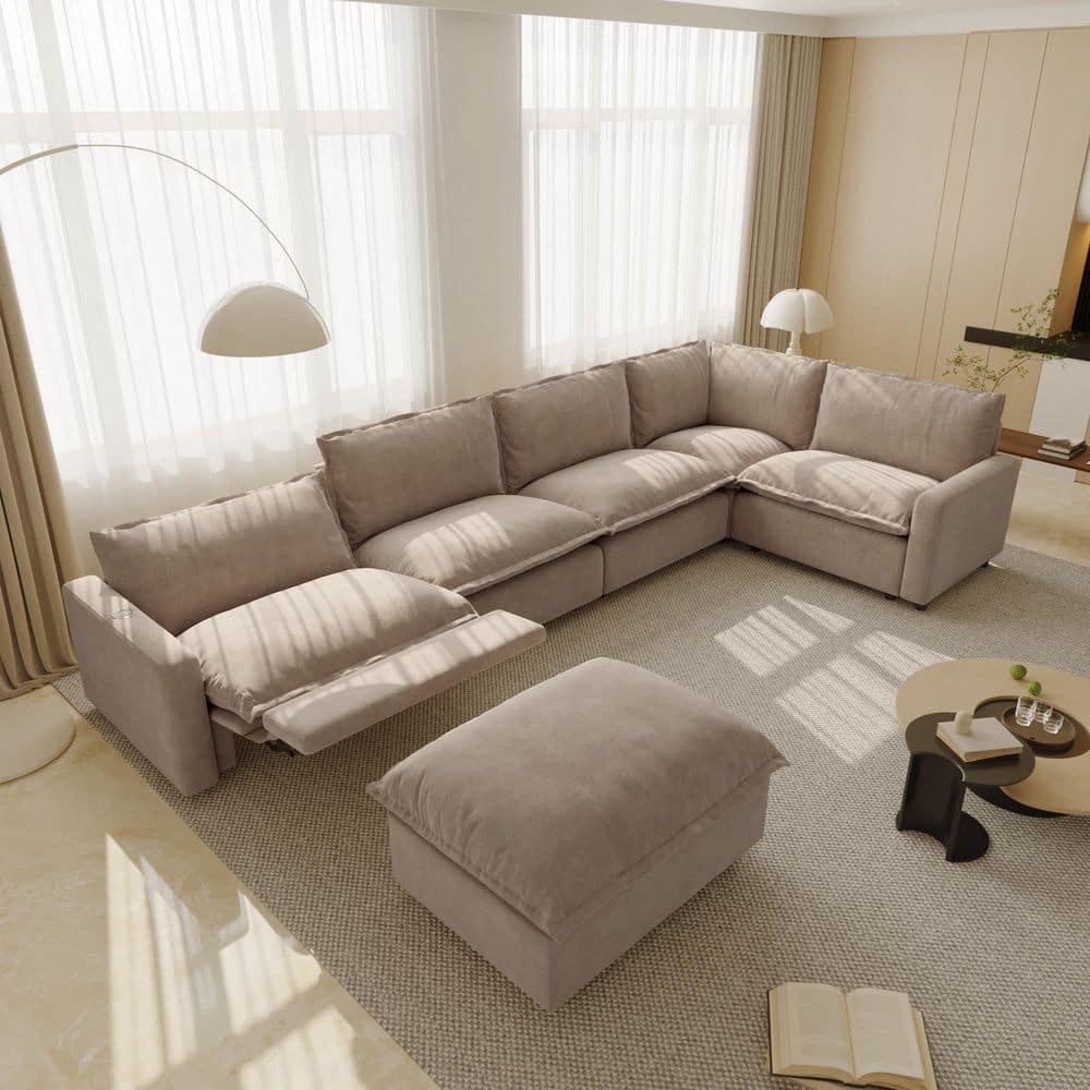 149.6 in. Square Arm 6-Piece Linen Modular Free Combination Heated Power Reclining Sectional Sofa in Brown