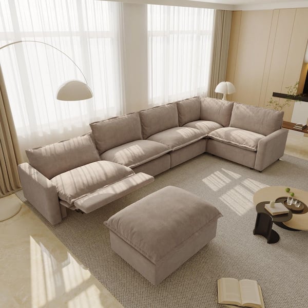149.6 in. Square Arm 6-Piece Linen Modular Free Combination Heated Power Reclining Sectional Sofa in Brown