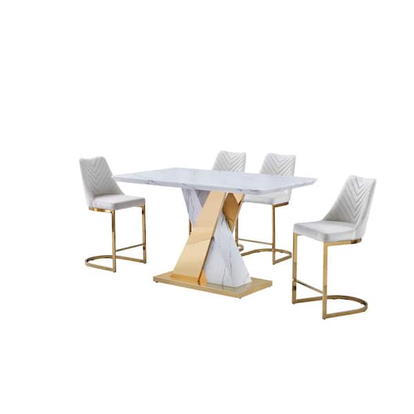 Best Quality Furniture Brenda 5-Piece Rectangle Counter Height Faux Marble Top Dining Set with Cream Velvet Fabric Chairs.