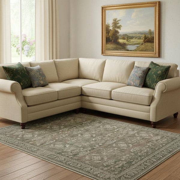 8 ft. x 10 ft. Brown Ivory And Green Floral Medallion Washable Area Rug
