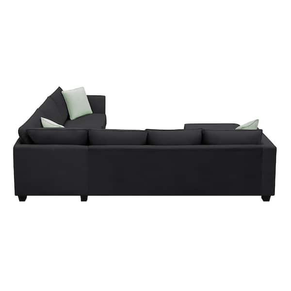 112 in W Flared Arm Fabric L Shaped Sofa Corner Couch Set in Black Wit