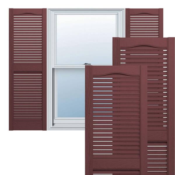 Ekena Millwork 14-1/2 in. x 68 in. Lifetime Vinyl TailorMade Cathedral Top Center Mullion Open Louvered Shutters Pair Bordeaux