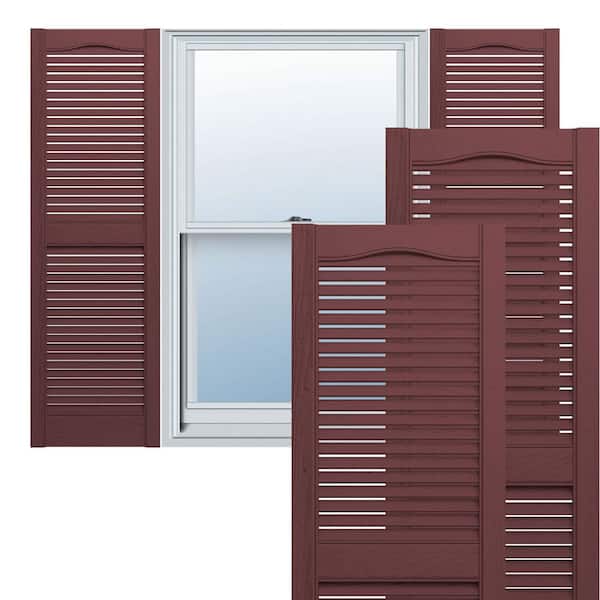 Ekena Millwork 14-1/2 in. x 74 in. Lifetime Vinyl TailorMade Cathedral Top Center Mullion Open Louvered Shutters Pair Bordeaux