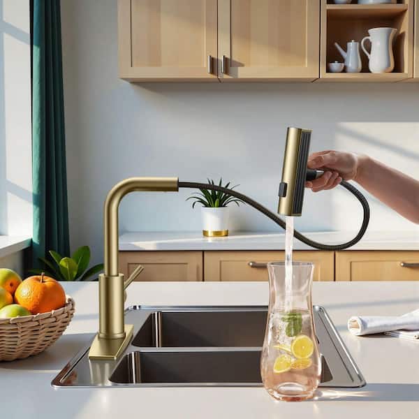 90 Degree Single Handle Pull Down Sprayer Kitchen Faucet with 12.4 in. High Pull Out Spray Wand Deckplate in Gold