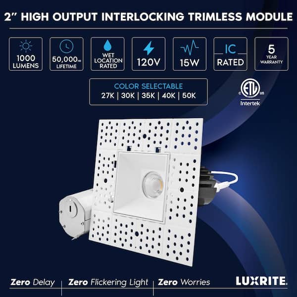 2 in. Canless Remodel LED Trimless Recessed Light 5-Color Temperatures Interlocking Module 15-Watt Wet and IC Rated