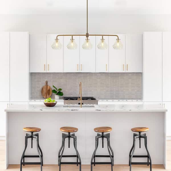 5-Light Plating Brass Linear Chandelier for Kitchen Island with Clear Crackle Glass Shades