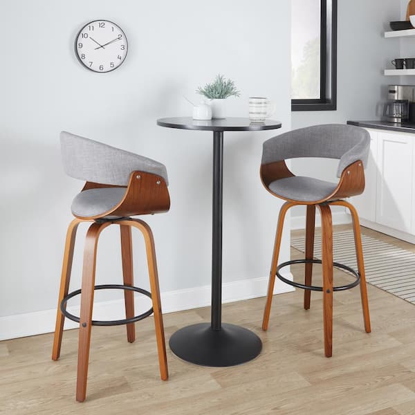 Vintage Mod 29 in. Light Grey Fabric, Walnut Wood and Black Metal Fixed-Height Bar Stool Round Footrest (Set of 2)