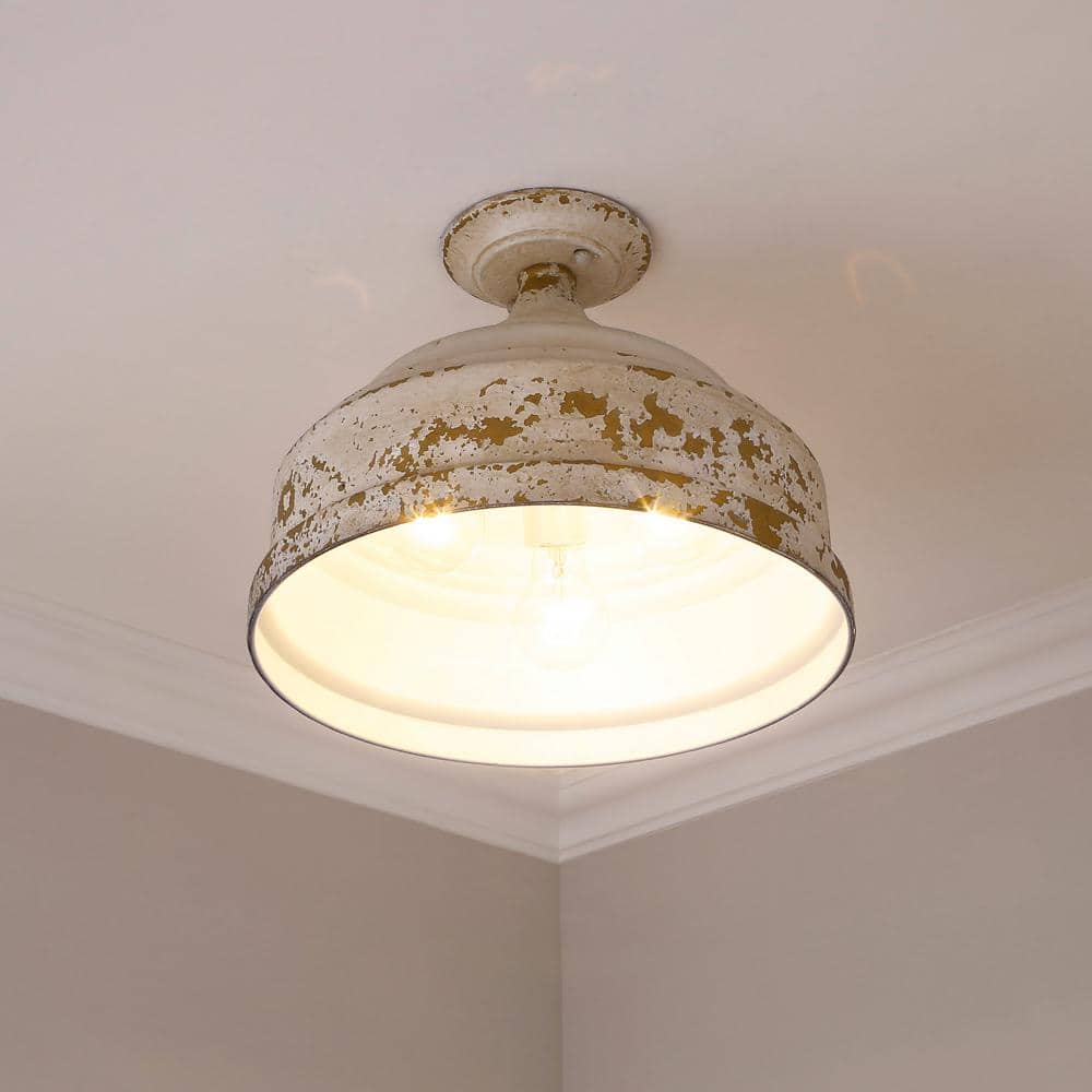 Antique Ivory Farmhouse 3-Light Semi-Flush Mount for Indoor/Outdoor