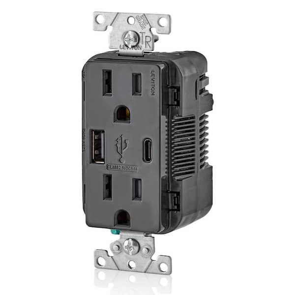 Black, 15 Amp Decora Type A and C USB Charger Tamper-Resistant Outlet T5633-BE