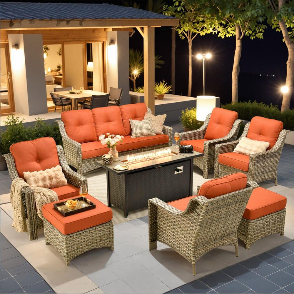 Tulip S 8-Piece Wicker Patio 54 in. Fire Pit Conversation Set with Red Cushions and Ottomans price history on PriceWatchPro