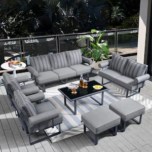 Havasu Dark Gray 7-Piece Aluminum Outdoor Patio Conversation Sofa Set with Striped Dark Gray Cushions