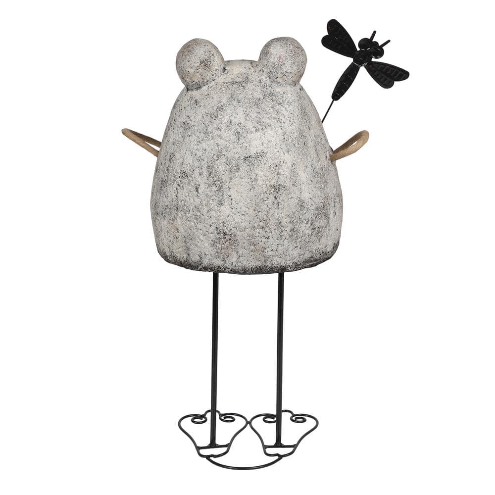 24" Stone Finish Frog with Metal Dragonfly Garden Statue