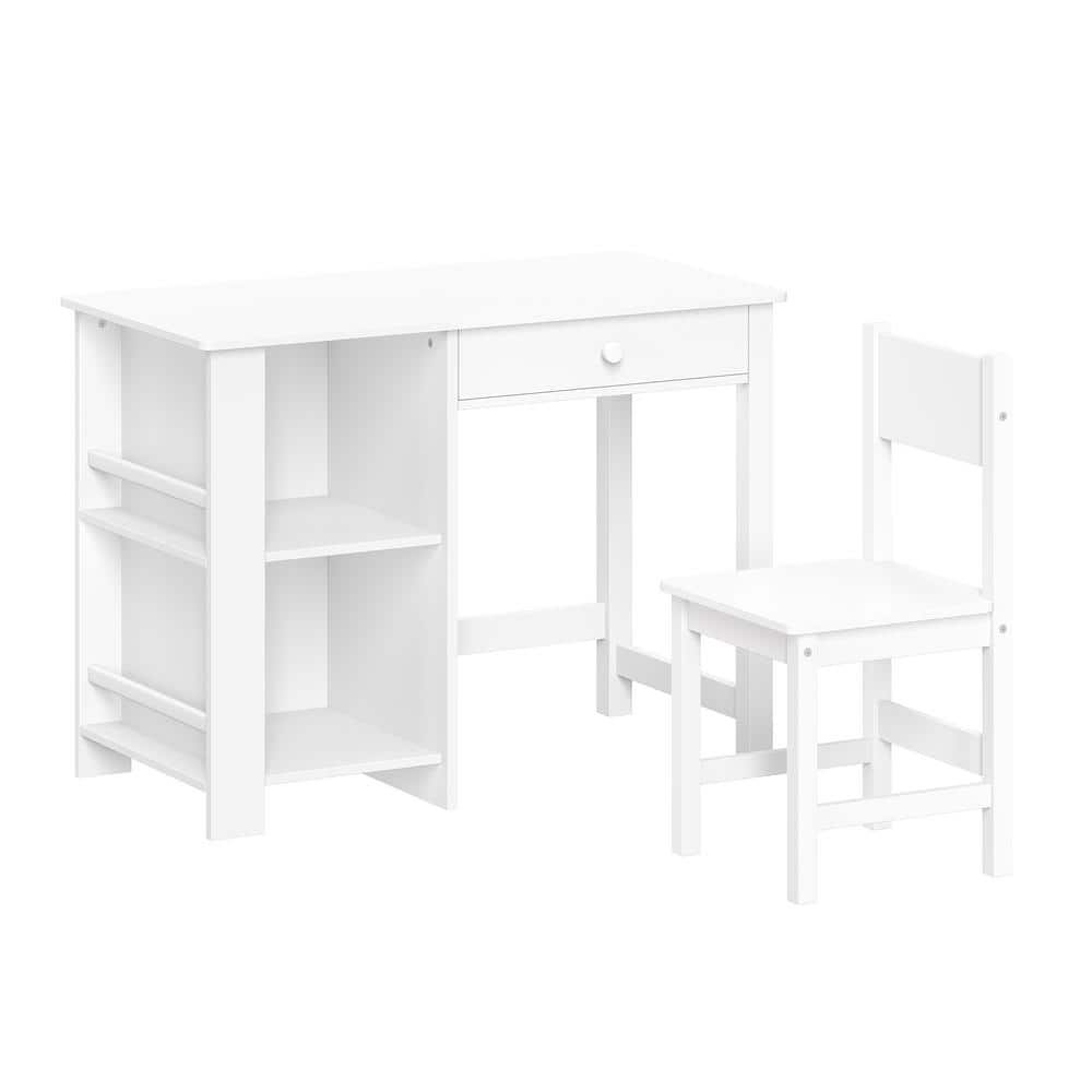 RiverRidge Home 2-Piece White Kids Desk and Chair Playroom Set with 2-Art Storage Cubbies and 2-Side Bookshelves