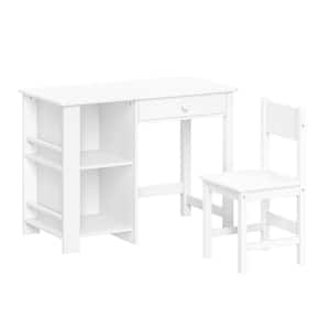 Kids 2-Piece Rectangular MDF White Top Desk and Chair Set with Cubbies and Bookracks