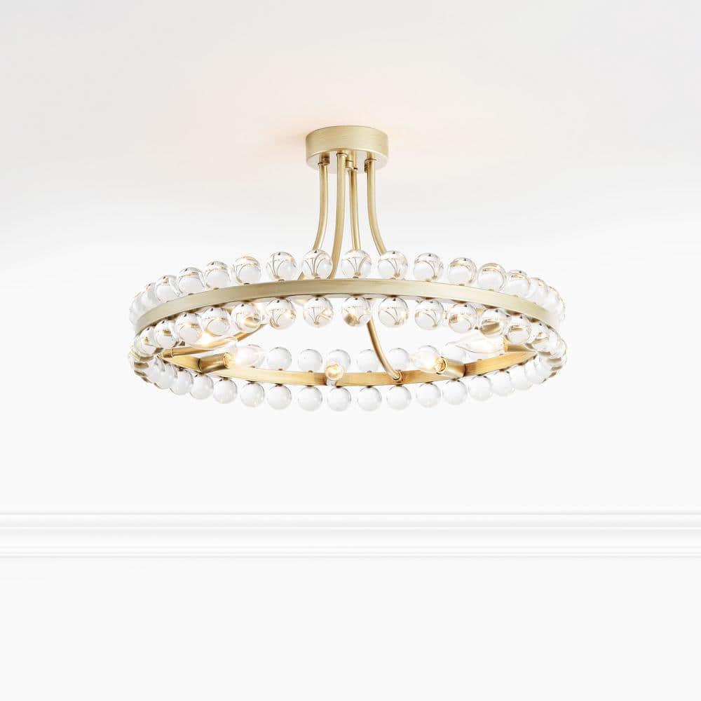 Amber Brushed Brass 24" Crystal Semi-Flush Mount Chandelier