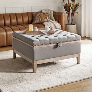 Georgie Modern Grey Polyester Upholstered Storage Cocktail Ottoman with Nailhead Trims and Solid Wood Legs