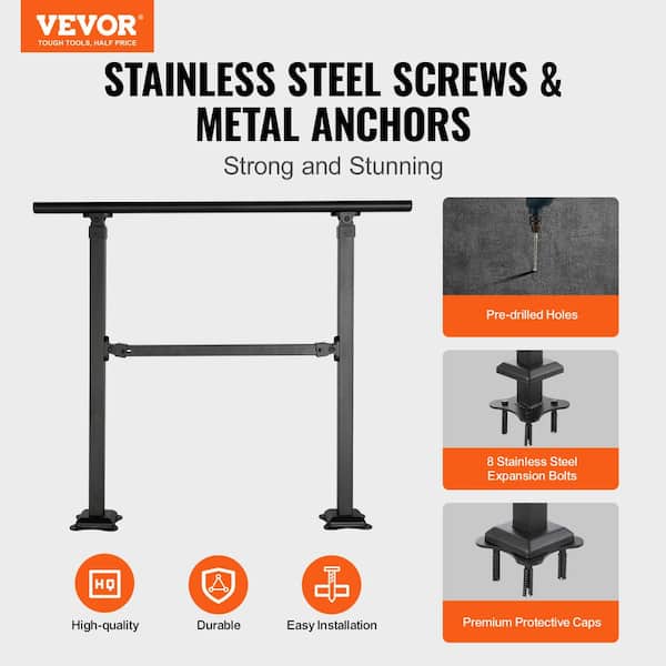 VEVOR Stair Handrail Railing 3 ft. 3 Steps Handrails for Outdoor 35.82 in. H x 5.3 in. W Black Carbon Steel Stair Railing Kit