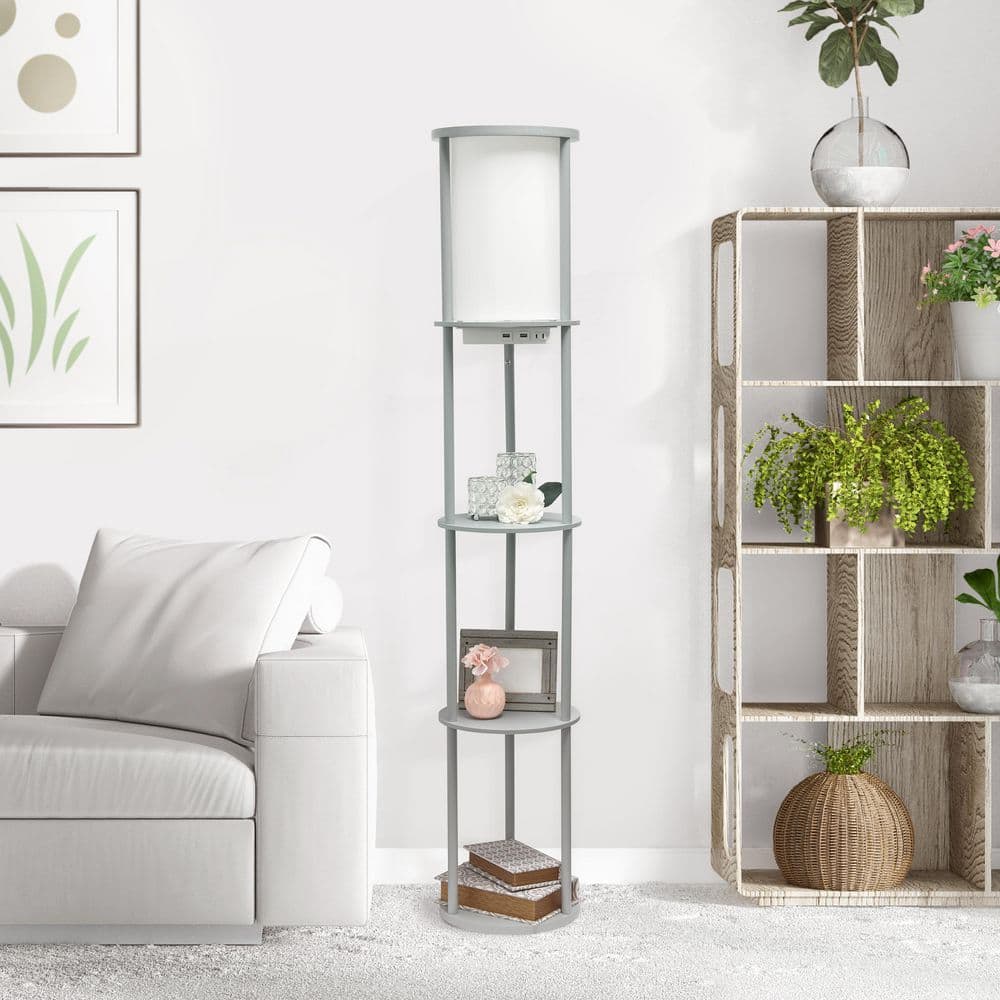 62.5" Gray Modern Shelf Etagere Floor Lamp with USB Ports