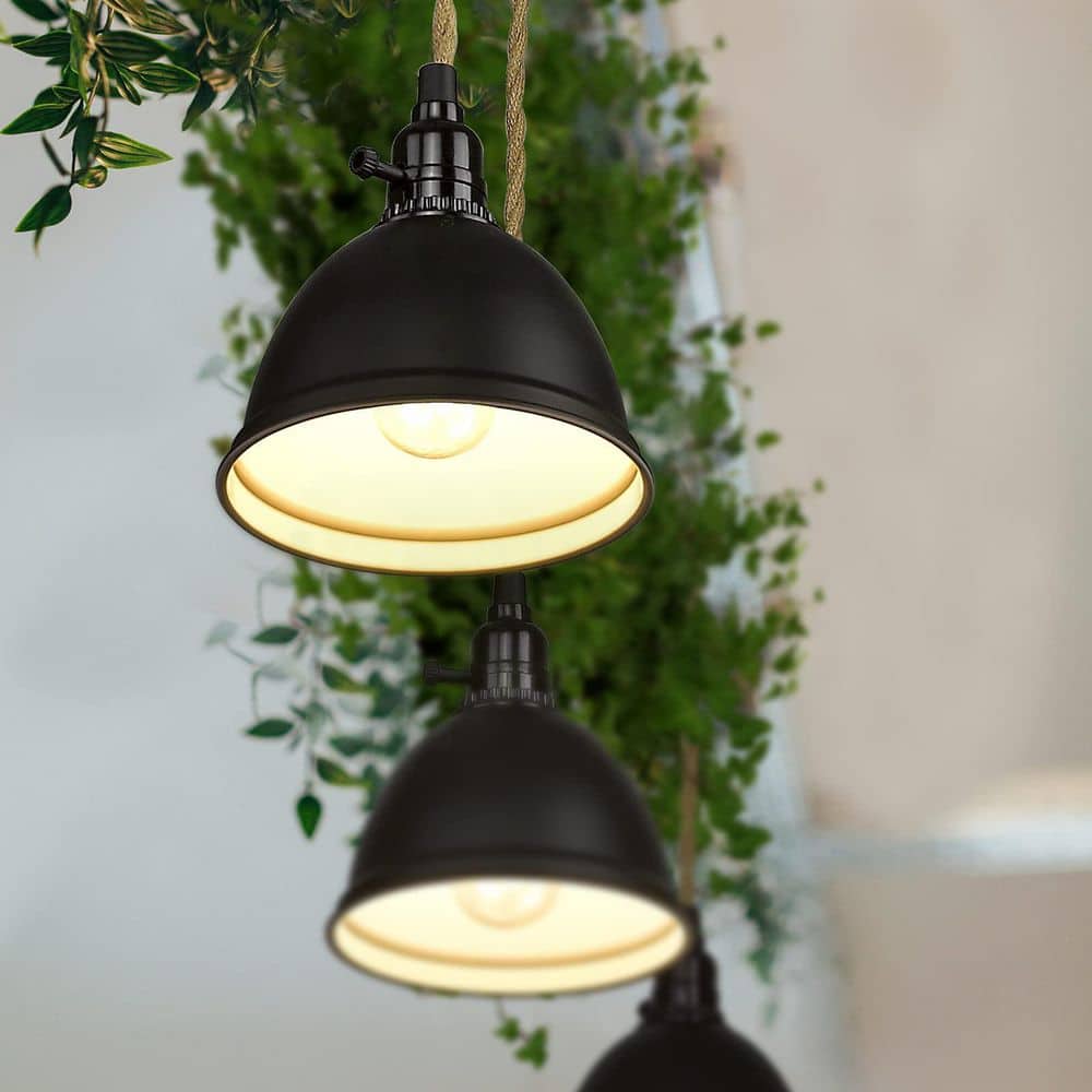 Black Metal Triple Pendant Light with Twisted Hemp Rope