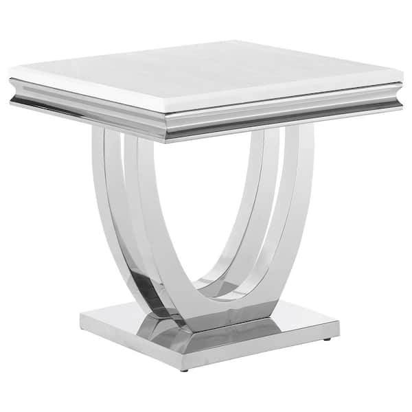 Coaster Kerwin 23.5 in. White and Chrome U-base Square Faux Marble Top End Table