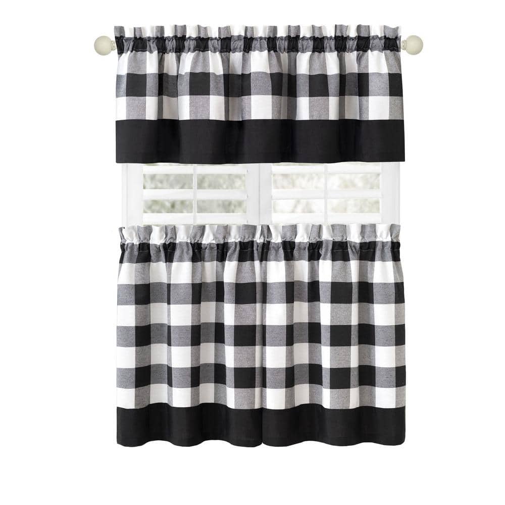 Black and White Checkered Polyester/Cotton Window Curtain Set