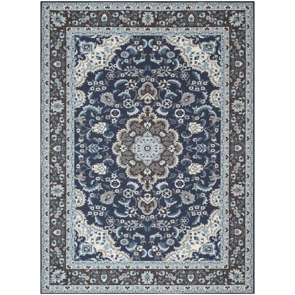 Kings Court Gene Traditional Medallion Persian Blue Machine Washable Low Pile 5 ft. x 7 ft. Indoor/Outdoor Area Rug