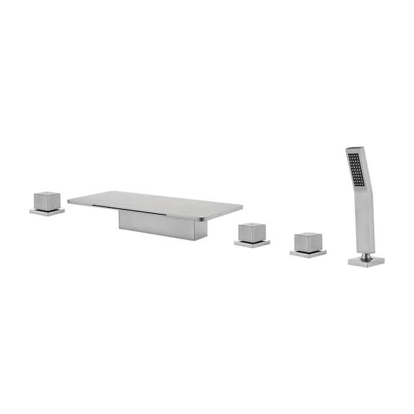 Single-Handle Tub Deck Mount Roman Tub Faucet with Hand Shower and Water Suply Hose in Brushed Nickel