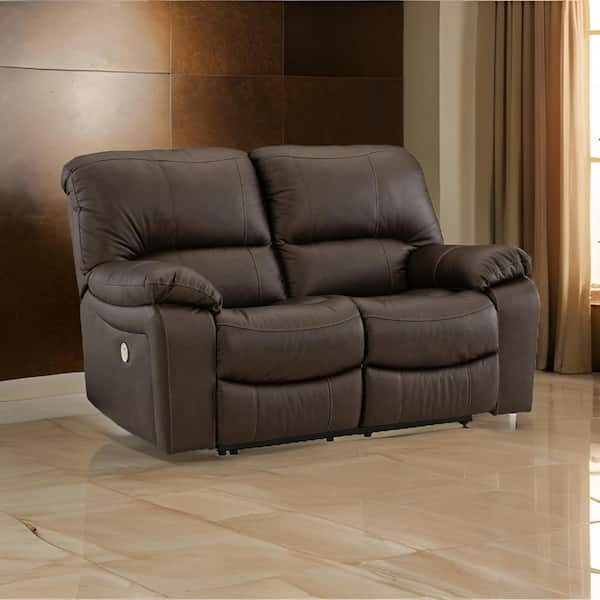 Benjara 41 in. Pillow Top Arm Leather Rectangle Loveseat Recliner Sofa in Brown