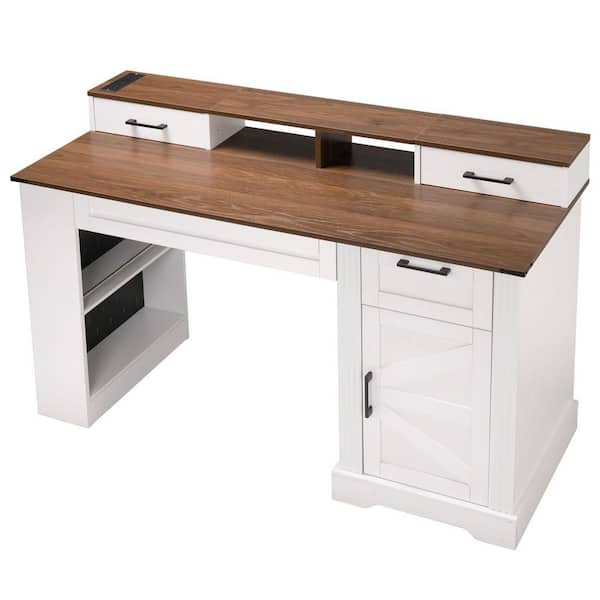55 in. White Executive Desk with Storage Shelf, Monitor Stand and Power Outlets Farmhouse Office Computer Desk Pegboard