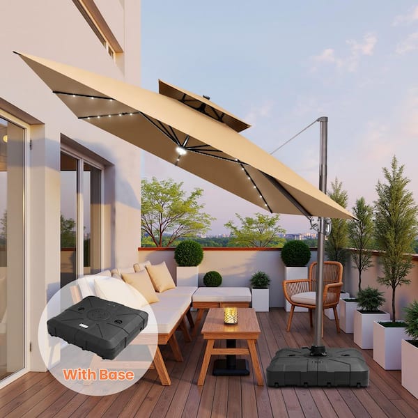 CLOUDFLY 11 ft. x 11 ft. Solar LED Patio Umbrella and HDPE Base Rotatable Outdoor Cantilever Umbrella with 6-Tilt Angles in Tan 87PUL24UTAN CLOUDFLY 11 ft. x 11 ft. Solar LED Patio Umbrella and HDPE Base Rotatable Outdoor Cantilever Umbrella with 6-Tilt Angles in Tan 87PUL24UTAN