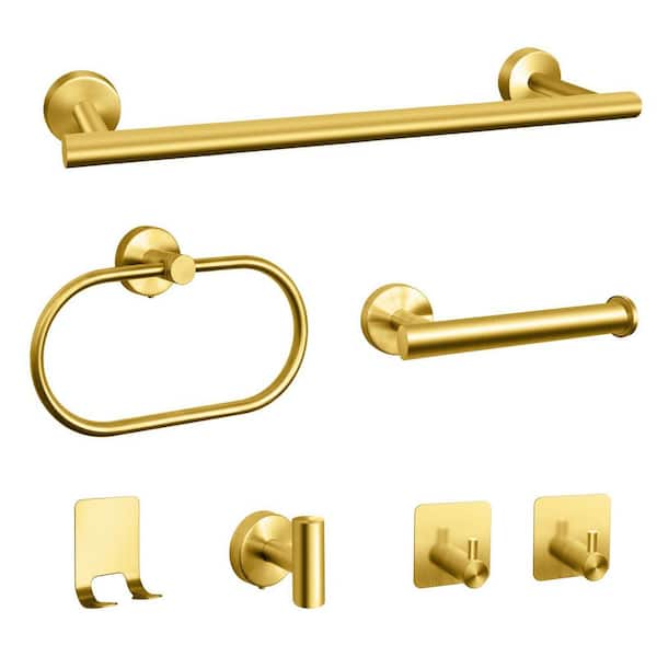 7-Piece Stainless Steel Gold Bathroom Hardware Kit Set with Hand Towel Bars, Toilet Paper Holders, Towel Rings, Hooks