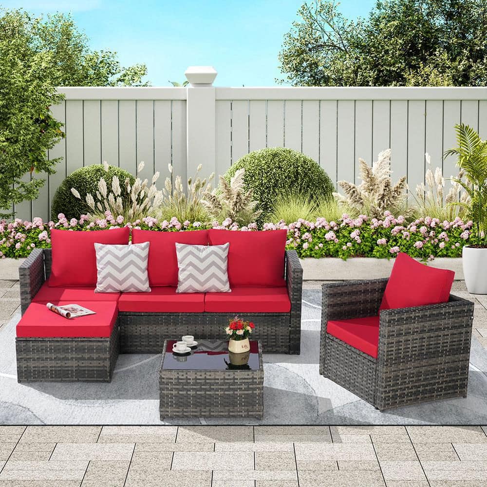 3-Piece Metal Outdoor Woven Sectional L-Shaped Patio Conversation Set with Red Cushion price history on PriceWatchPro