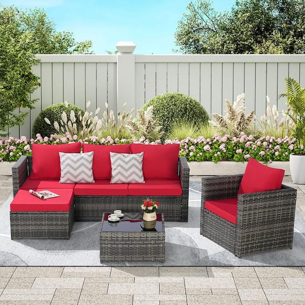 Sudzendf 3-Piece Metal Outdoor Woven Sectional L-Shaped Patio Conversation Set with Red Cushion
