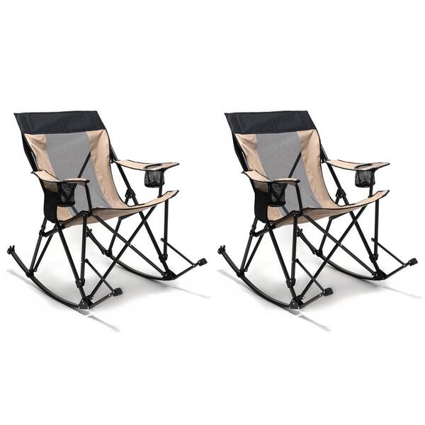 Clihome Outdoor Metal Frame Khaki Color Beach Rocking Chair with Side Pocket (Set of 2)