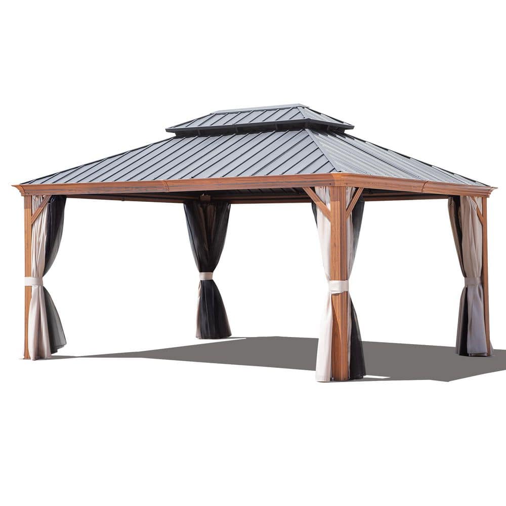 12 ft. x 16 ft. Black Double-Tier Hardtop Aluminum Gazebo with Galvanized Steel Roof Beige Curtain and Netting price history on PriceWatchPro
