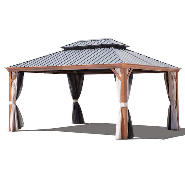 Sudzendf 12 ft. x 16 ft. Black Double-Tier Hardtop Aluminum Gazebo with Galvanized Steel Roof Beige Curtain and Netting